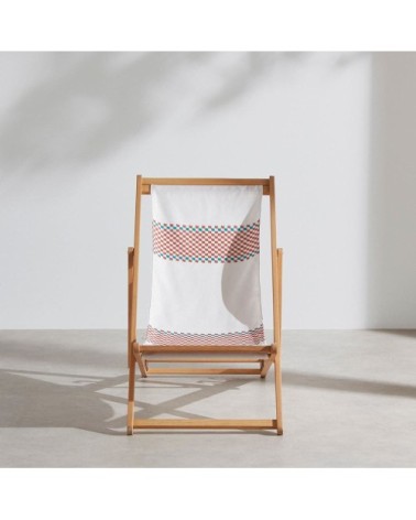 Chilienne en bois d'eucalyptus et toile recyclée écrue motif damier coloris rouille et turquoise