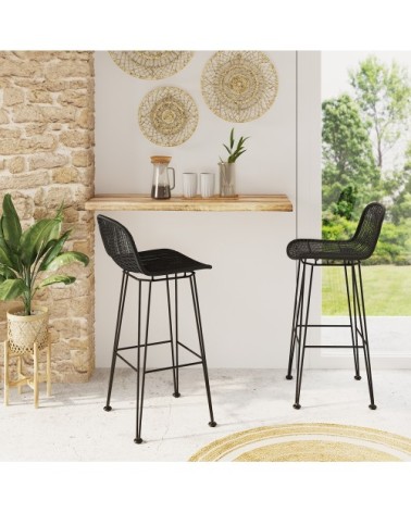 Chaise de bar 76 cm en résine tressée noire (lot de 2)
