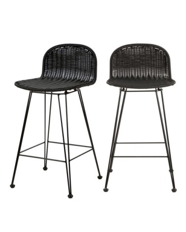 Chaise de bar mi-hauteur 63 cm en résine tressée noire (x2)