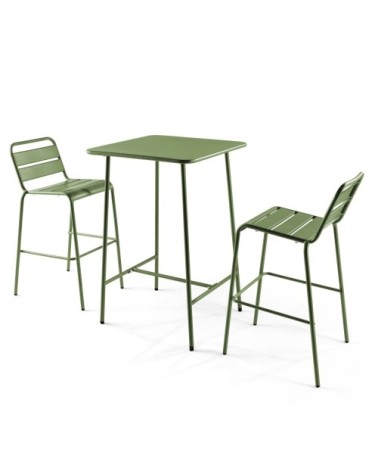 Ensemble table de bar et 2 chaises hautes en métal vert cactus