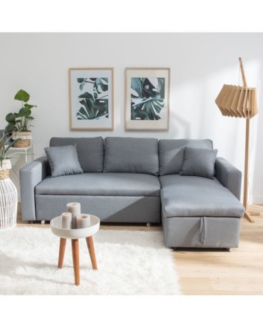Canapé d'angle convertible 3 places en tissu gris