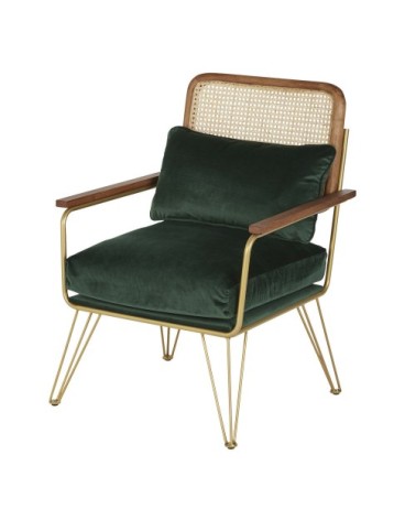 Fauteuil en velours vert cannage en rotin