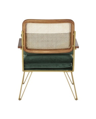 Fauteuil en velours vert cannage en rotin