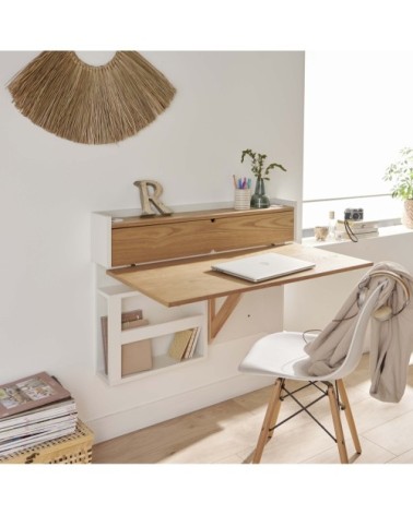 Bureau mural rabattable 100 cm bois et blanc