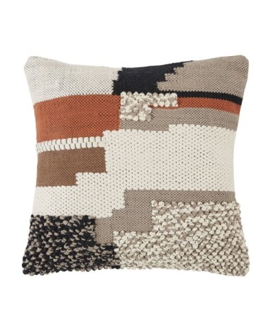 Coussin en coton tissé et brodé terracotta, écru et noir 45x45