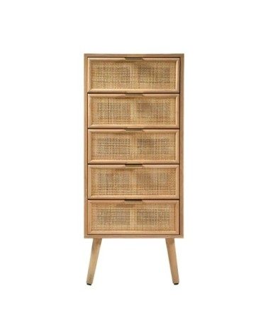 Chiffonnier 5 tiroirs façades en rotin naturel - h100 cm