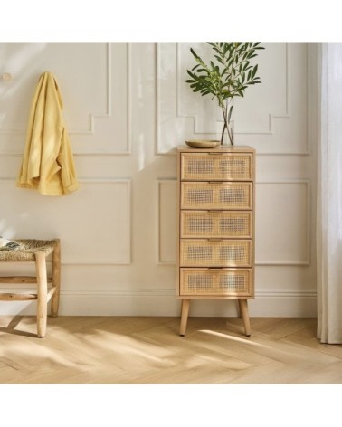 Chiffonnier 5 tiroirs façades en rotin naturel - h100 cm