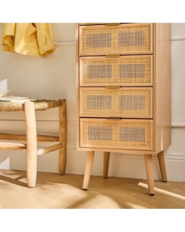 Chiffonnier 5 tiroirs façades en rotin naturel - h100 cm