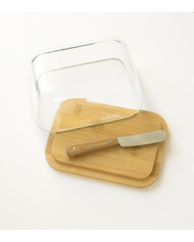 Beurrier en verre bambou avec couteau beurre 16,5x12x8,5cm