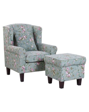 Fauteuil en tissu vert à motif floral avec repose-pieds