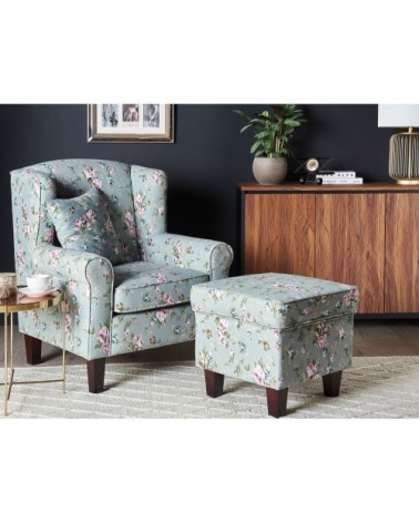 Fauteuil en tissu vert à motif floral avec repose-pieds