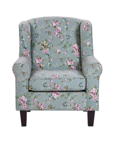 Fauteuil en tissu vert à motif floral avec repose-pieds