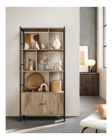 Étagère style industriel 2 portes effet bois marron boisé