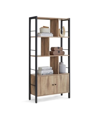 Étagère style industriel 2 portes effet bois marron boisé