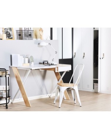 Bureau effet bois clair et blanc avec tiroir