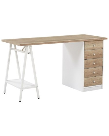 Bureau effet bois clair et blanc avec 5 tiroirs