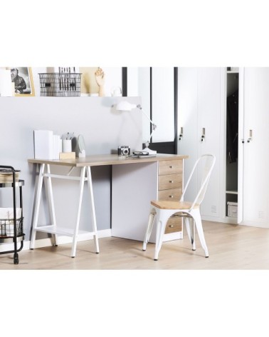 Bureau effet bois clair et blanc avec 5 tiroirs