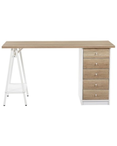 Bureau effet bois clair et blanc avec 5 tiroirs