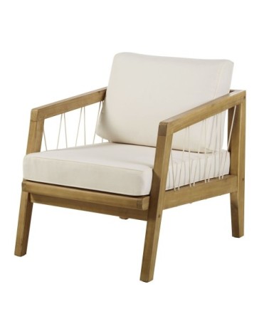 Fauteuil de jardin en acacia massif, corde et coussins écrus