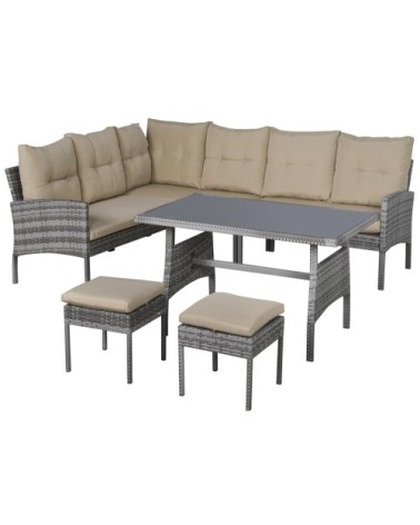 Salon de jardin 6 places table à manger coussins résine tressée grise