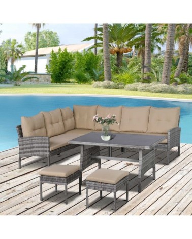 Salon de jardin 6 places table à manger coussins résine tressée grise