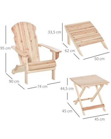 Fauteuil de jardin pliable repose-pied table basse sapin naturel