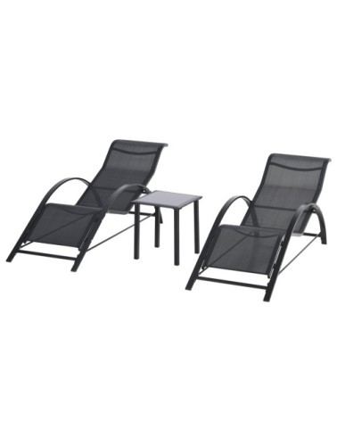 Lot de 2 bains de soleil design avec table basse métal textilène