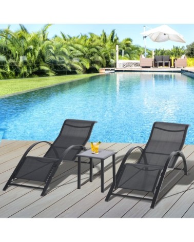 Lot de 2 bains de soleil design avec table basse métal textilène