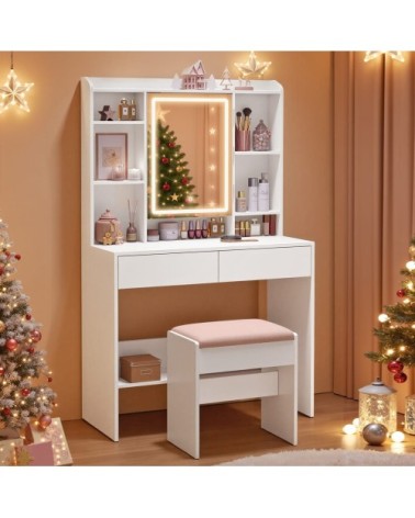 Coiffeuse avec miroir éclairage 2 tiroir et tabouret blanc