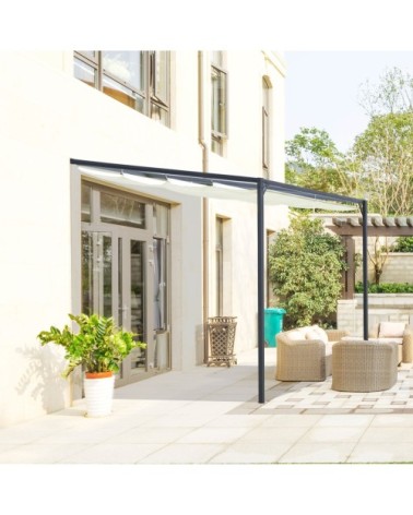 Pergola adossable retractable polyester crème métal époxy gris