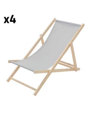 Lot de 4 chaises longues pliantes bois et tissu gris 3 positions