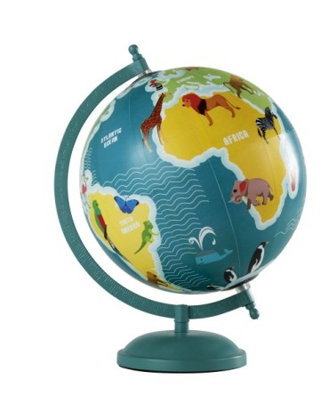 Globe terrestre carte du monde animaux en métal bleu et multicolore
