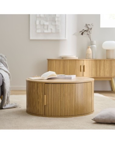 Table basse ronde avec rangement d75 cm - effet bois