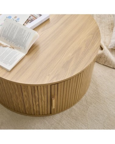 Table basse ronde avec rangement d75 cm - effet bois