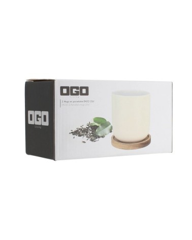 Set de 2 tasses avec support en porcelaine et acacia 25 cl