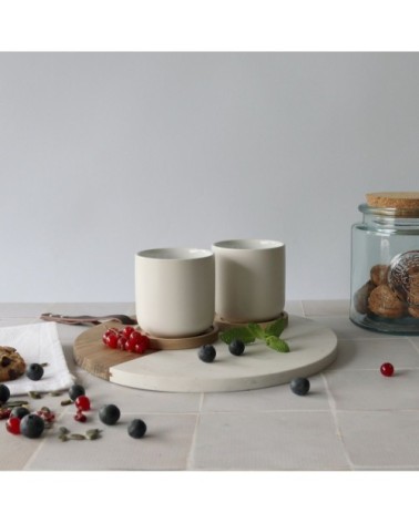 Set de 2 tasses avec support en porcelaine et acacia 25 cl