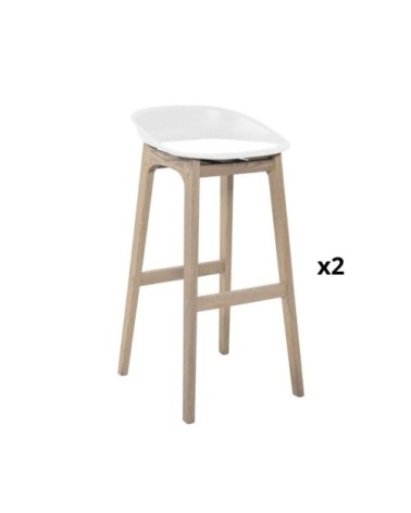 Lot de 2 tabourets de bar en chêne et assise blanche 65 cm