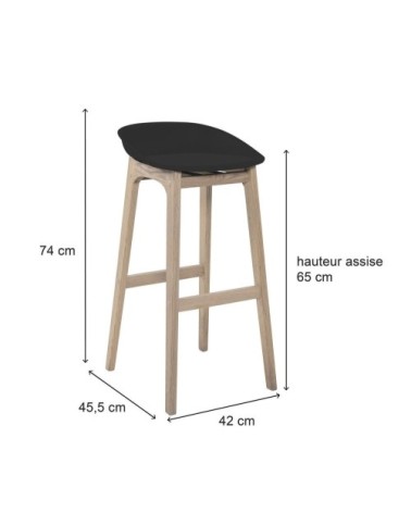 Lot de 2 tabourets de bar assise noire et pieds en chêne 65 cm