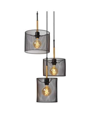 Suspension 3 points lumineux en métal noir et bois