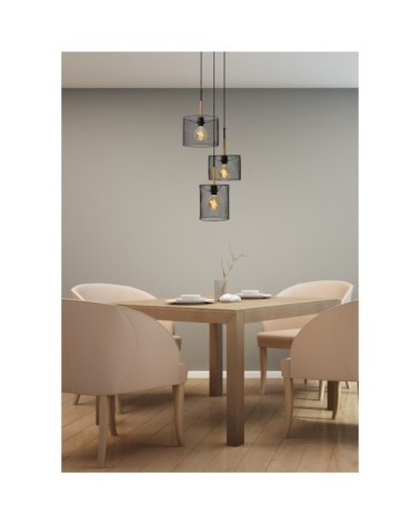 Suspension 3 points lumineux en métal noir et bois