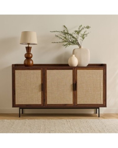 Buffet 3 portes décor noyer et façades tissu l140 cm