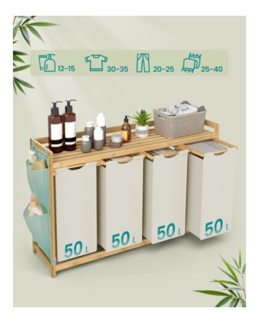 Panier à linge avec 4 compartiments en bambou 4 x 50 l blanc crème