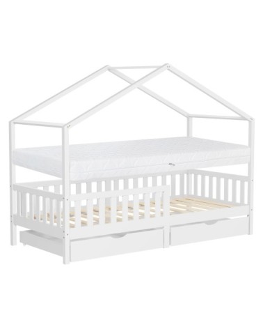 Lit cabane enfant 2 tiroirs 90x200 cm matelas et barrière inclus blanc