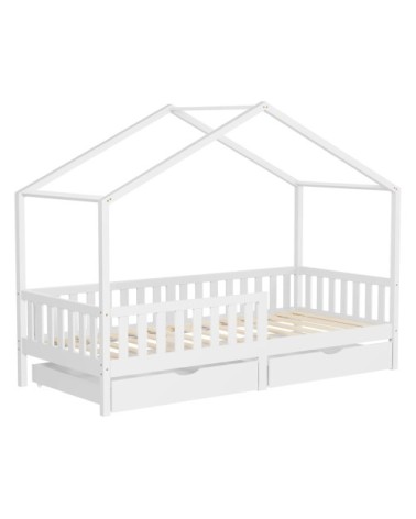 Lit cabane enfant Montessori 2 tiroirs 90x200 cm blanc avec barrière