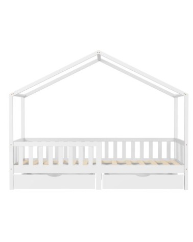 Lit cabane enfant Montessori 2 tiroirs 90x200 cm blanc avec barrière