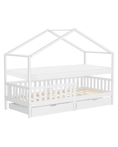 Lit cabane enfant 2 tiroirs 90x200 cm matelas et barrière inclus blanc