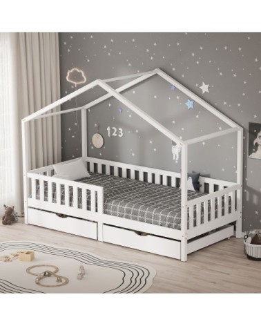 Lit cabane enfant 2 tiroirs 90x200 cm matelas et barrière inclus blanc