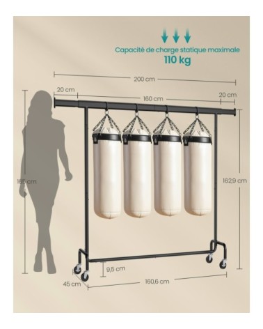 Portant à vêtements avec roulettes 45 x (160-200) x 162,9 cm noir