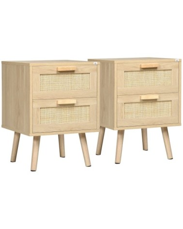 Tables de chevet 2 tiroirs façades cannage rotin bois de pin naturel