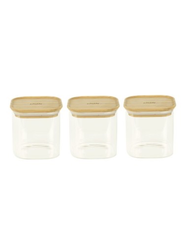 Set de 3 boîtes carrées en verre avec couvercle en bambou 800ml